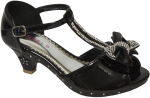 GIRLS DRESSY SHOES W/ T- STRAP & BOW IN FRONT (BLKPAT)
